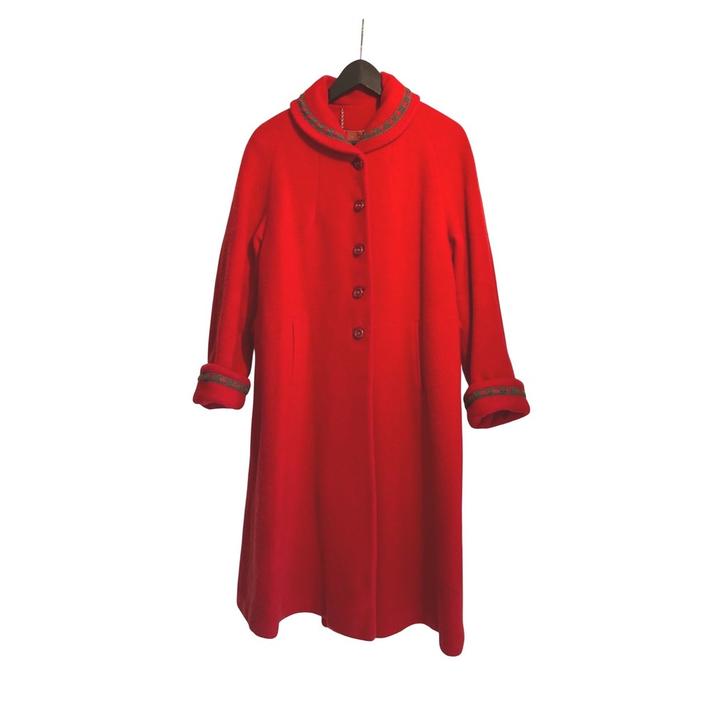 Vintage MCM Red Wool Coat L Shawl Collar Alpine Style Embroidered Trim Retro